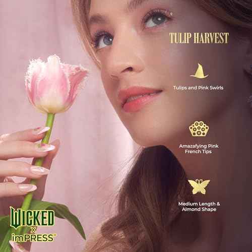 WICKED X imPRESS Press On Nails, New Improved Adhesive, Up To 10 Day Hold, ¡®Tulip Harvest¡¯, Pink, Medium Almond, Includes 30 Fake Nails, 1 Prep Pad, 1 Manicure Stick, 1 Mini File