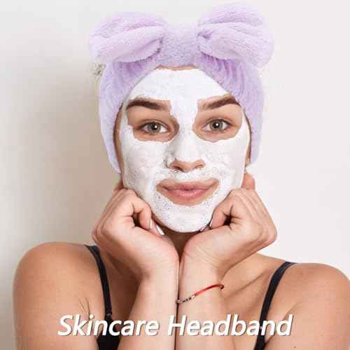 VELSCRUN Spa Headbands for Wash Face, Makeup Headband, Facial Skincare Headbands, 5 Pcs Purple Puffy Sponge Spa Headband Bow Tie Hair Band Hair Clips Wristband Set Women Girls Accessories