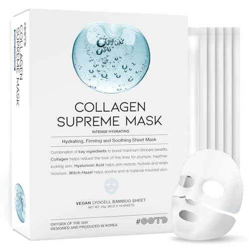 #OOTD Collagen Hydrating Sheet Masks for Face Korean Anti Aging Mask Sheet for Dry Skin & Sensitive Skin, EVE Vegan, Not Tested on Animals, No Parabens, No Sulfates, Hyaluronic Acid, Witch Hazel 10EA