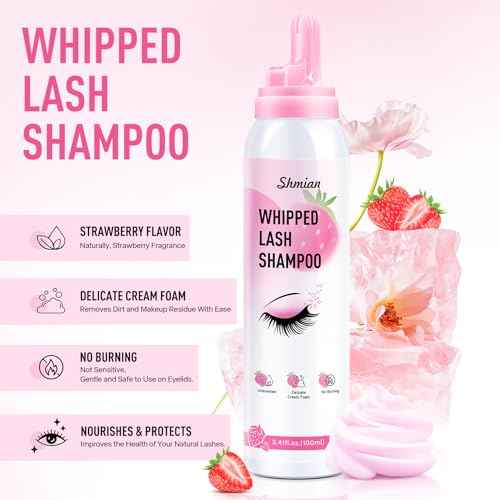 Whipped Lash Extension Cream Shampoo+Brush/3.41fl.oz/100ml/3X Concentrated Lash Shampoo for Professional & Home Use, Strawberry Flavor Eyelash Cleaner Foam