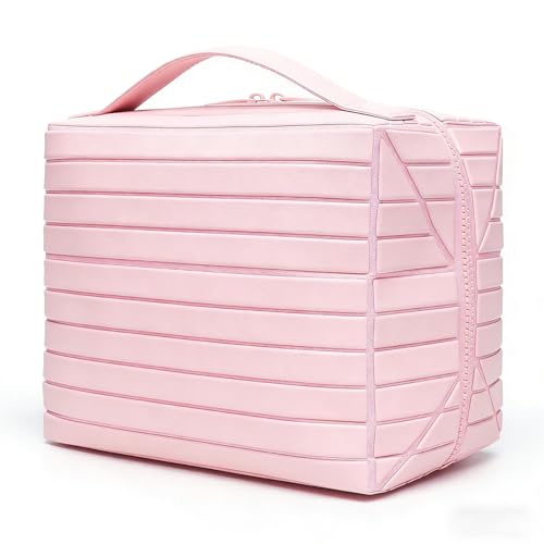 Large Waterproof Makeup Bag - Foldable Travel Toiletry Organizer (Pink)