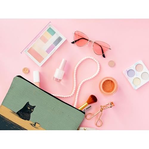 Black Cat Makeup Bag, Cat Cosmetic Bags for Women, Cats Lover Mom Lady Gifts for Women, Vintage Coffee Black Kitten Zipper Makeup Pouch