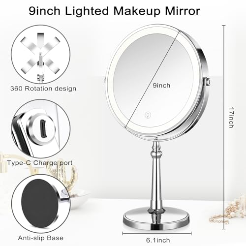 Lighted Makeup Mirror, 9" Rechargeable Vanity Mirror with Lights, Double-Sided 1X/10X Magnification, 3 Color Lights, Brightness Adjustable, 360¡Æ Rotation