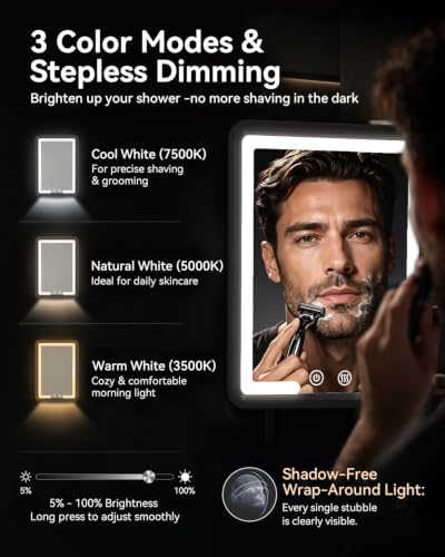 Fogless Heated Shower Mirror with LED Lights - Adjustable & Rechargeable