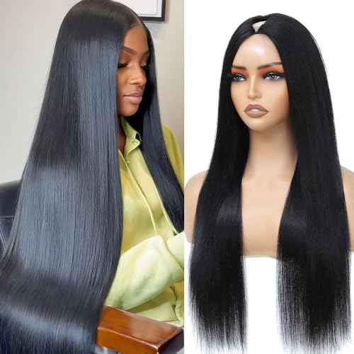 V Part Wigs Human Hair Straight Minimal/No Leave Out Upgrade U Part Wig for Black Women Clip in Half Wig 200% Density No Lace No Glue No Sew Natural Black 18 Inch