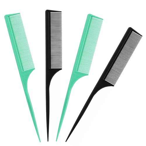4Pcs Rat Tail Combs for Women - Fine Tooth Anti-Static Carbon Fiber Parting & Styling Combs (Green, Black) (Black and Green)