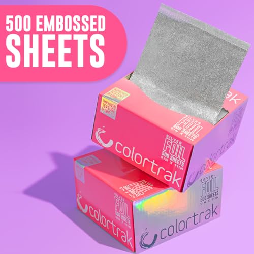 Colortrak Embossed Sheets Silver Aluminum Foil Pop-up Dispenser, 500 Pre-cut Sheets Non-slip Textured, for Hair Foil Coloring and Highlighting Applications Silver, 5 x 11
