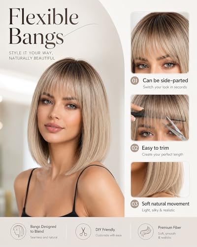 Light Gold Bob Wig with Bangs 12 Inch Short Straight Heat Resistant