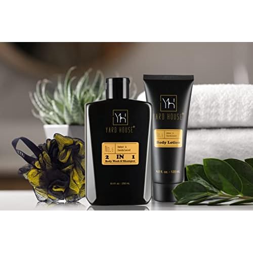 Bath and Body Gift Set for Men - Sandalwood Amber - Birthday, Christmas, Fathers Day Gifts From Wife Daughter Son for Husband, Dad - Relax Spa Kit w. Full Size Items in Deluxe Toiletry Bag