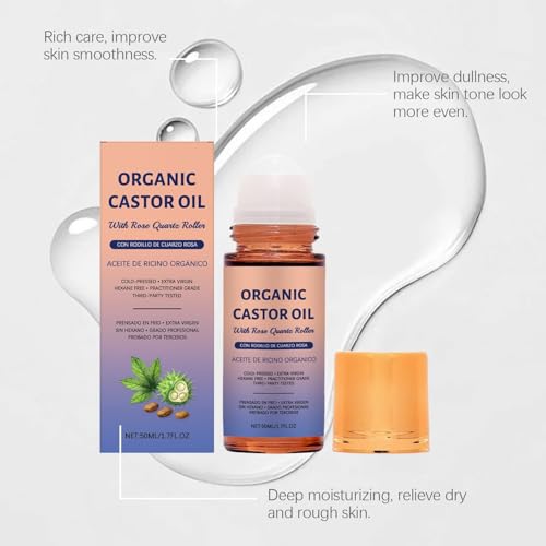 Organic Castor Oil with Rose Quartz Roller - 100% Pure & Cold-Pressed