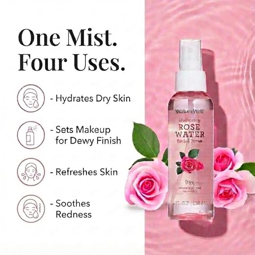 NATURE WELL Rose Water Hydrating Facial Toner Mist for Dewy & Radiant Skin, Refreshing, Conditioning, Soothing, Moisturizing, Perfect for Travel, 4 Fl Oz