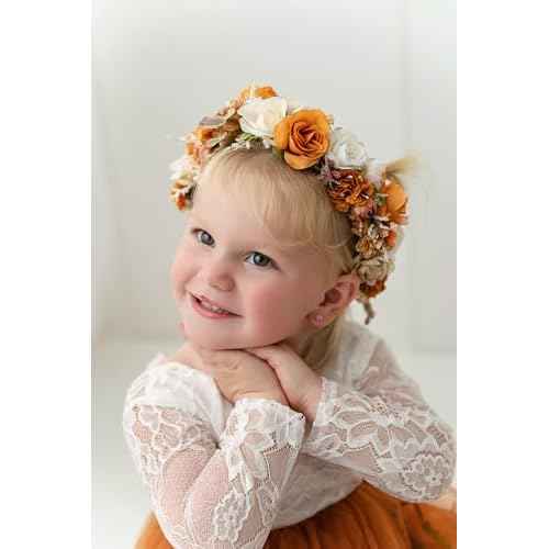 Burnt Orange Flower Crown for Girls Autumn Wedding Floral Holo Hair Headpiece Bridal Fall Wreath Young Bridemaid Crown Garland Photo Prop Headband
