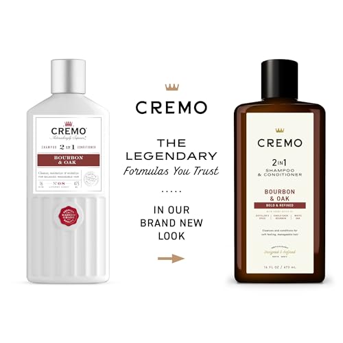 Cremo Bourbon & Oak Barber Grade 2-in-1 Shampoo & Conditioner, 16 Fl Oz (2-Pack) - A Sophisticated Blend of Distiller¡¯s Spice, Fine Bourbon and White Oak