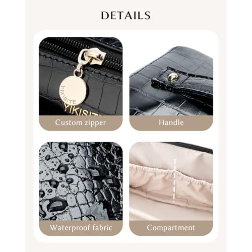 Make Up Bag, Cosmetic Organizer for Women, Waterproof Croc PU Leather Makeup Organizer with Divider and Handle Toiletry Bag Travel Bag (Croc Embossed, Black)