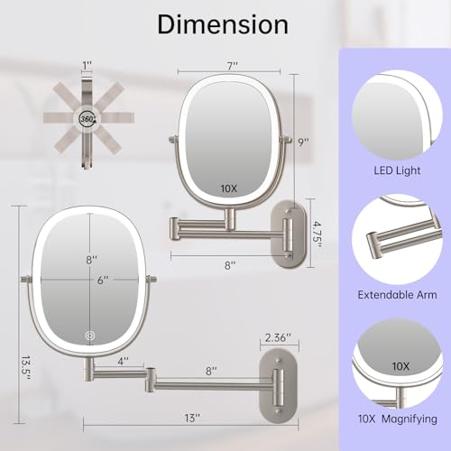 FUNTOUCH Rechargeable Wall Mounted Lighted Makeup Mirror, Oval Double-Sided Mirror 1X/10X Magnifying Mirror,3 Color Lights Touch Screen Dimmable 360¡ÆSwivel 13 Inch Extendable,Nickel