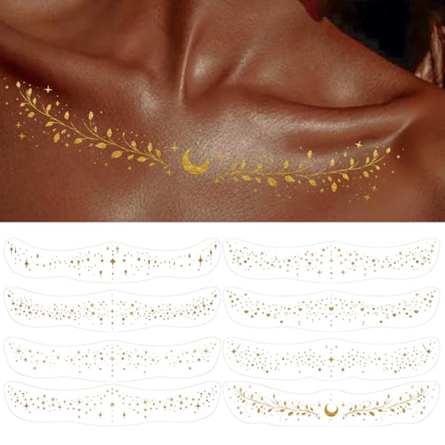 Gold Glitter Collarbone Temporary Tattoos - 8 Pack Waterproof