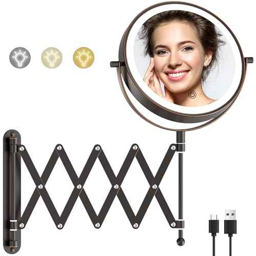 Rechargeable Wall Mounted Lighted Makeup Mirror, 1X/10X Magnifying Mirror with 3 Light Settings, 8 Inch 360¡Æ Swivel Extendable Bathroom Mirror, Double Sided Telescoping Vanity Mirror - Antique Bronze
