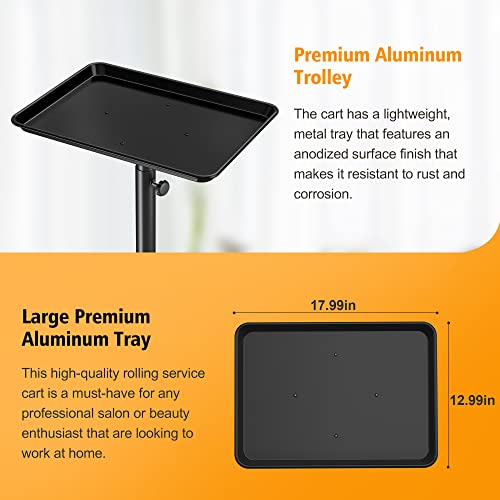 Adjustable Salon Rolling Tray on Wheels - Aluminum Trolley