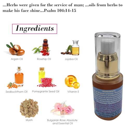 Queen Esther Myrrh Beauty Face Oil, Myrrh-Infused Skincare Essential Oils, Rosehip, Argan, Seabuckthorn, Pomegranate Seed Face Oil for Radiant Skin, 1.0 Fl Oz (Bulgarian Rose)