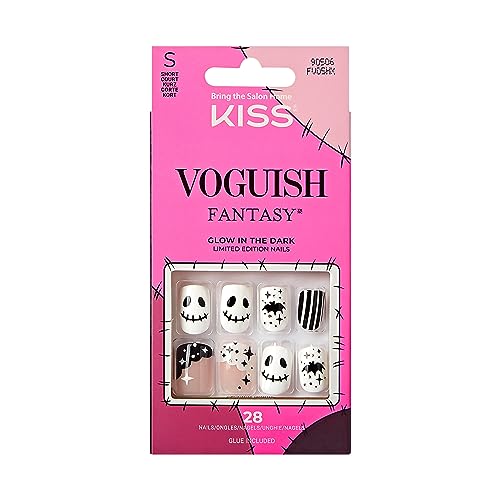 KISS Voguish Fantasy Halloween Nails, Black & White, Short Length, Square Shape, Pink Gel Nail Glue (2g), Mini Nail File, Manicure Stick, & 28 Fake Nails