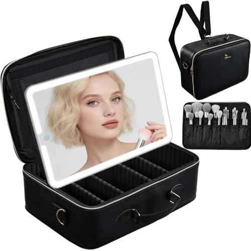 Large Makeup Bag with LED Mirror,Travel Cosmetic Train Case for Makeup Artists,Makeup Organizer Case with Divider Rechargeable Vanity Mirror with 3 Color Lights for Barber,MUA,Nail Tech, Black