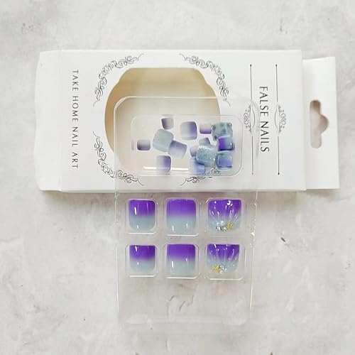 24 Pcs Purple Press on Toenails Short Square - MINGCHUN Summer Ombre Fake Toe Nails Art Tips With Starfish Pearl 3D Rhinestones Full Cover False Nails Glue on Nails for Women Manicure Decorations