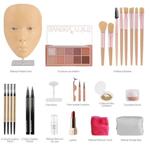 3D Makeup Practice Kit, Reusable Silicone Practice Face Board/Makeup Mannequin Face,with Brushes&Eyebrow Pencils&Eyelashes&Bag&Eyeshadow&Lipstick