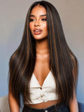 KLAIYI 20 Inch Golden Brown Highlight Lace Front Wig Human Hair Pre Plucked & Bleached Knots, Glueless Yaki Straight