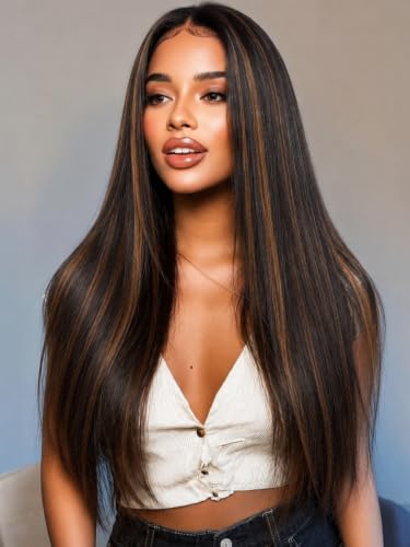 KLAIYI 20 Inch Golden Brown Highlight Lace Front Wig Human Hair Pre Plucked & Bleached Knots, Glueless Yaki Straight