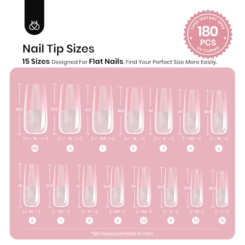 Beetles Tipex Instant Apex Nail Tips,180Pcs Pre-building & Pre-Etched Gel Nail Tips Long Square Thicker Acrylic Nails Strong Full Cover False Nail Extension Building Gel Press-on Nails for Flat Nails