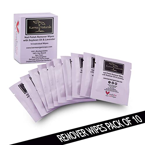 Karma Organic Nail Polish Remover Wipes Bundle - Tea Tree Oil Based Nail Polish Remover (4FL-Oz) Lavender Nail Polish Remover Wipes (Pack of 10)