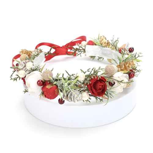Christmas Flower Crown for Girls Winter Floral Crown Holiday Decoration Headband Xmas Wedding Headpiece Burgundy Berry Wreath Red Green Golden Gifts for Grandkids Holly Berry Garland