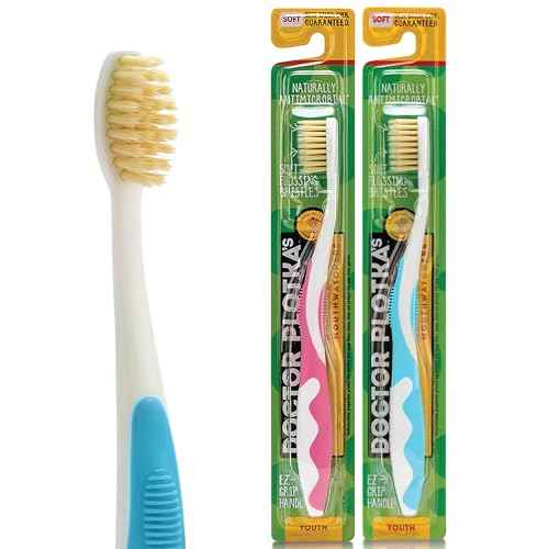 MOUTHWATCHERS Soft Childrens Flossing Manual Toothbrush, 1 Pink and 1 Blue Toothbrushes for Kids & Teens, Ultra Clean, by Dr. Plotka's