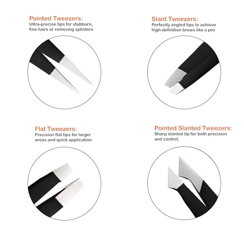 Glory 4-Pcs Precision Eyebrow Tweezers Set Professional Stainless Steel Brow Tweezers for Eyebrows, Ingrown Hair, Facial Hair, Chin Hair & Splinters with American-Inspired Design