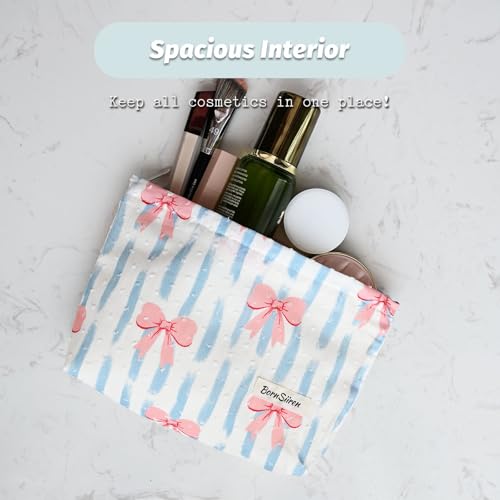BornSiiren Bow Blue Stripe Large Makeup Bag Travel Organizer with Lining