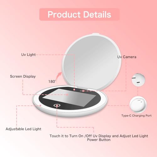 Mocado Compact LED Travel Makeup Mirror - 4 Inches 1X/10X Magnification Travel Mirror with Light Dimmable Smart UV Camera UV Mirror for Sunscreen Test Skin Sun Protection