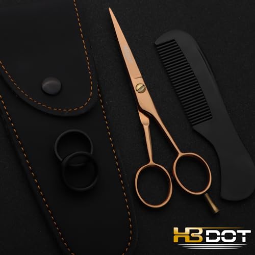 5" Professional Mustache & Beard Scissors, German Stainless Steel Mustache Scissors, Durable Mustache Scissors for Men with Carrying Pouch, 1 Beard Comb and 1 Mustache Comb (Jet Black)