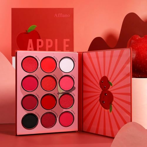 Afflano Red Eyeshadow Palette Makeup, Ultra Pigmented and Blending Bright Dark Hot True Red Black Eye Shade 12 Color, Cruelty Free Velvet Matte Shimmer Warm Fall Sunset Pink Goth red Eye Shadow Pallet