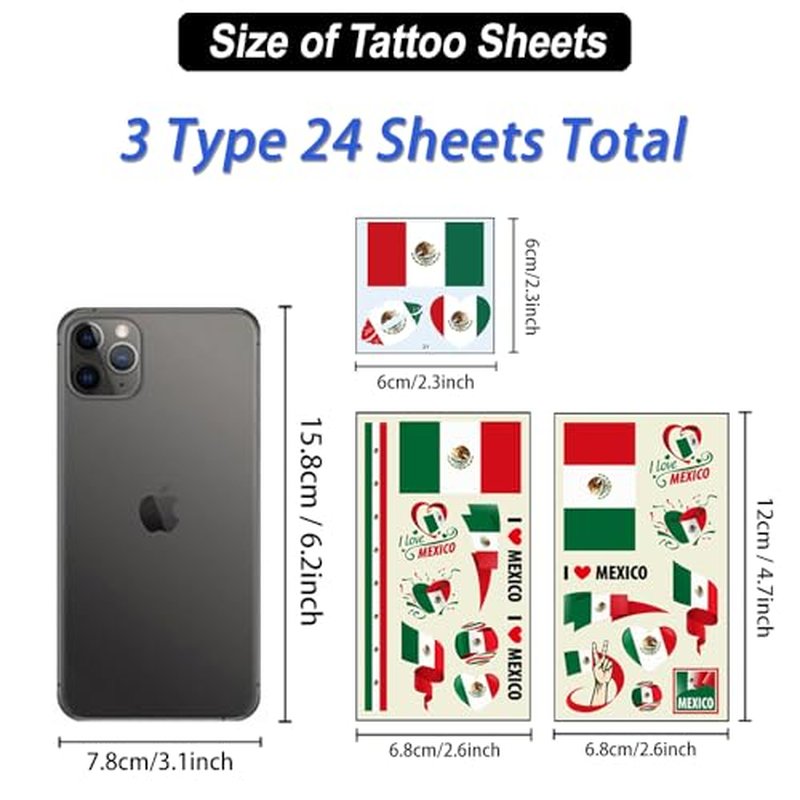 24 Sheets Mexican Flag Temporary Tattoos for Sports & Independence Day