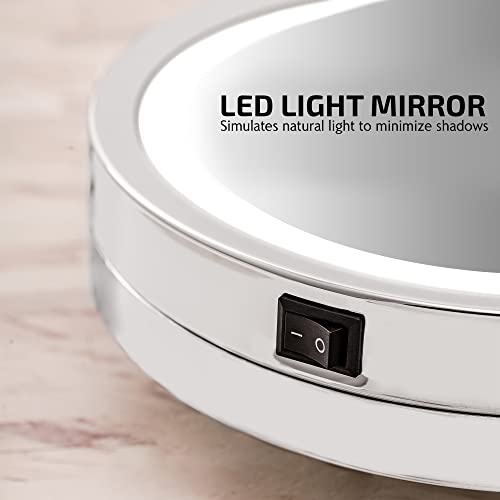 OVENTE Wall Mounted Lighted Makeup Mirror, 9" Double Sided 1X/10X Magnifying Vanity Mirror for Bathroom with LED Lights, Cordless, 360¡Æ Rotation and 13" Extendable Arm, Polished Chrome MFW85CH1X10X