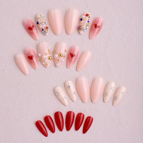 Press On Nails with Pearls & Hearts - 24 Pc Fake Nails Kit