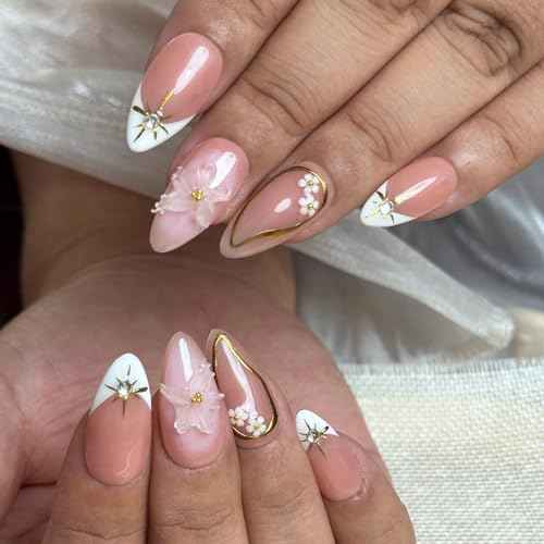 Brown French Tip Medium Press On Nails £¬3D Metallic Rhinestones style Design Handmade Press On Nails £¬Reusable Glam ArtAcrylic Nails (10 PCS)