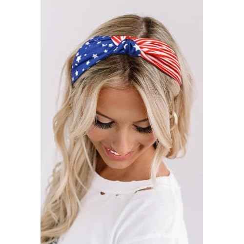 4th of July Women's Headbands - Knotted American Flag Top Knot Hair Hoops, Patriotic USA Independence Day Red White and Blue Accessories