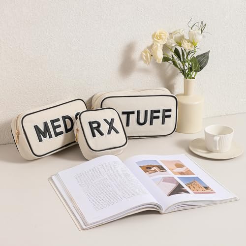 uekeboag 3Pcs Canvas Chenille Letter Medicine Makeup Bag, Small Travel Washable Organizer Bag for Purse with Zipper, Cute Personalized Gift Pouch For Women and Girls(3Pcs Bags)