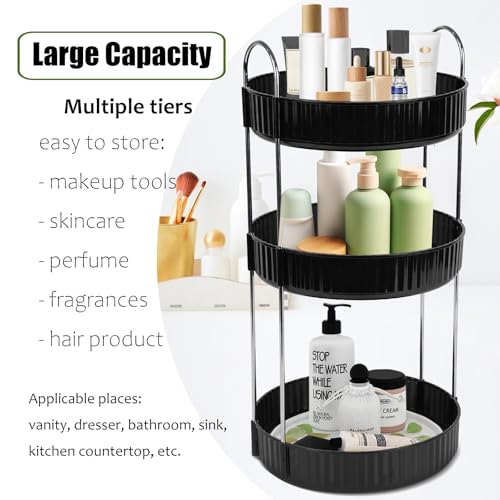 Rotating Makeup Organizer 3-Tier Lazy Susan - Countertop Vanity Storage for Hair, Skincare & Perfume, Black