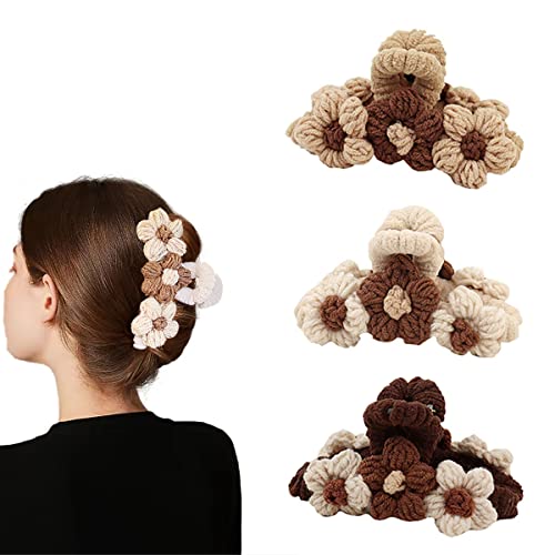 3 Pcs 4.33 Inch Large Hair Claw Clips Braided Fluffy Plush Flower Hair Catch Barrette Jaw Clamp for Women Girls Strong Hold Half Bun Hairpins for Thick Thin Hair Stylish Curly Hair Accessories