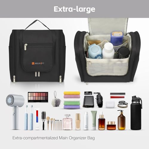 MULISOFT Travel Toiletry Bag for Women & Man, Extra Large Toiletry Bag, Portable Hanging Toiletries Bag, Water Resistant Dopp Kit for Toiletries, Cosmetics, Big Comparment Travel Makeup Bag, Black