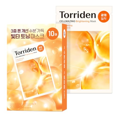 Torriden CELLMAZING Vita C Facial Mask (10 Sheets) | Radiance & Glow Boosting Korean Sheet Mask | Improving Overall Skin Tone | 5D Vitamin C + Niacinamide | Korean Face Mask