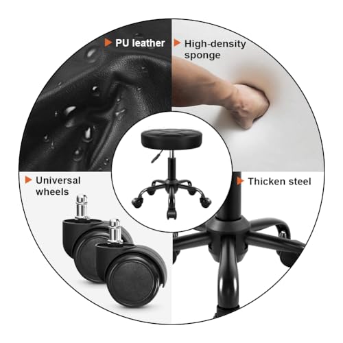 KKTONER Rolling Stool Chair, Height Adjustable PU Leather (Black)