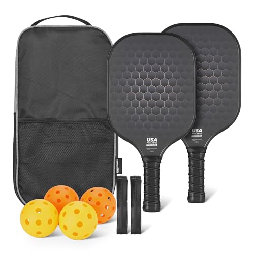Amazon Basics Black Pickleball Paddle Set with 4 Balls & Carry Bag - USAPA Approved, Lightweight Carbon Fiber Rackets